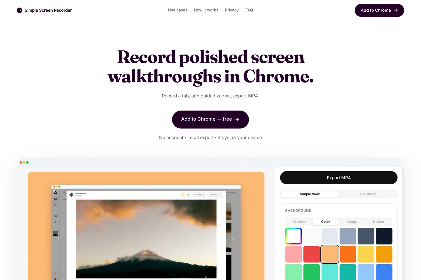 Simple Screen Recorder | Chrome recorder with browser frames, guided zoom & local MP4