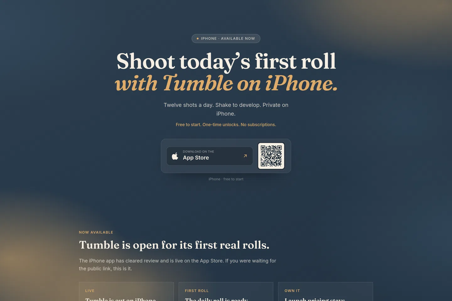 Tumble · A slower camera you can own screenshot