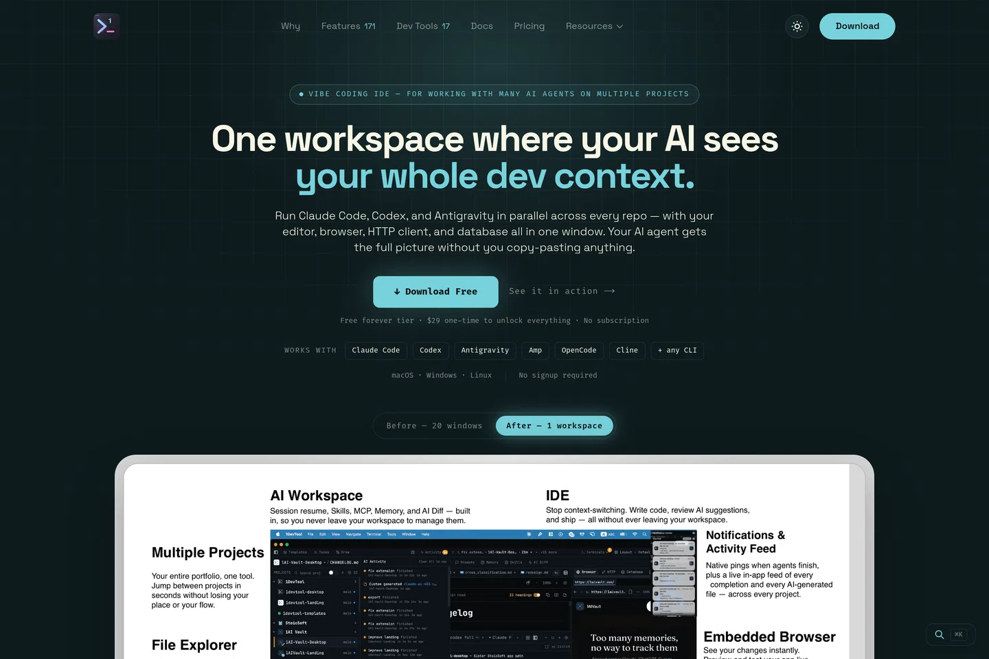 1DevTool — Vibe Coding IDE for Many AI Agents Across Projects screenshot
