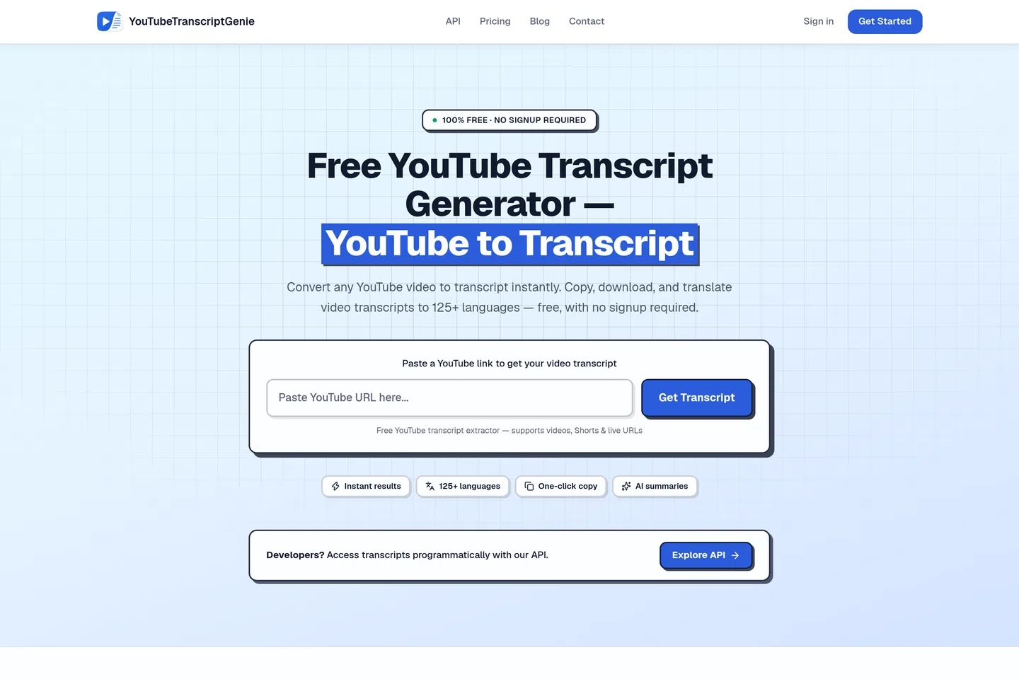 Free YouTube Transcript Generator — YouTube to Transcript | YouTubeTranscriptGenie | YouTubeTranscriptGenie screenshot